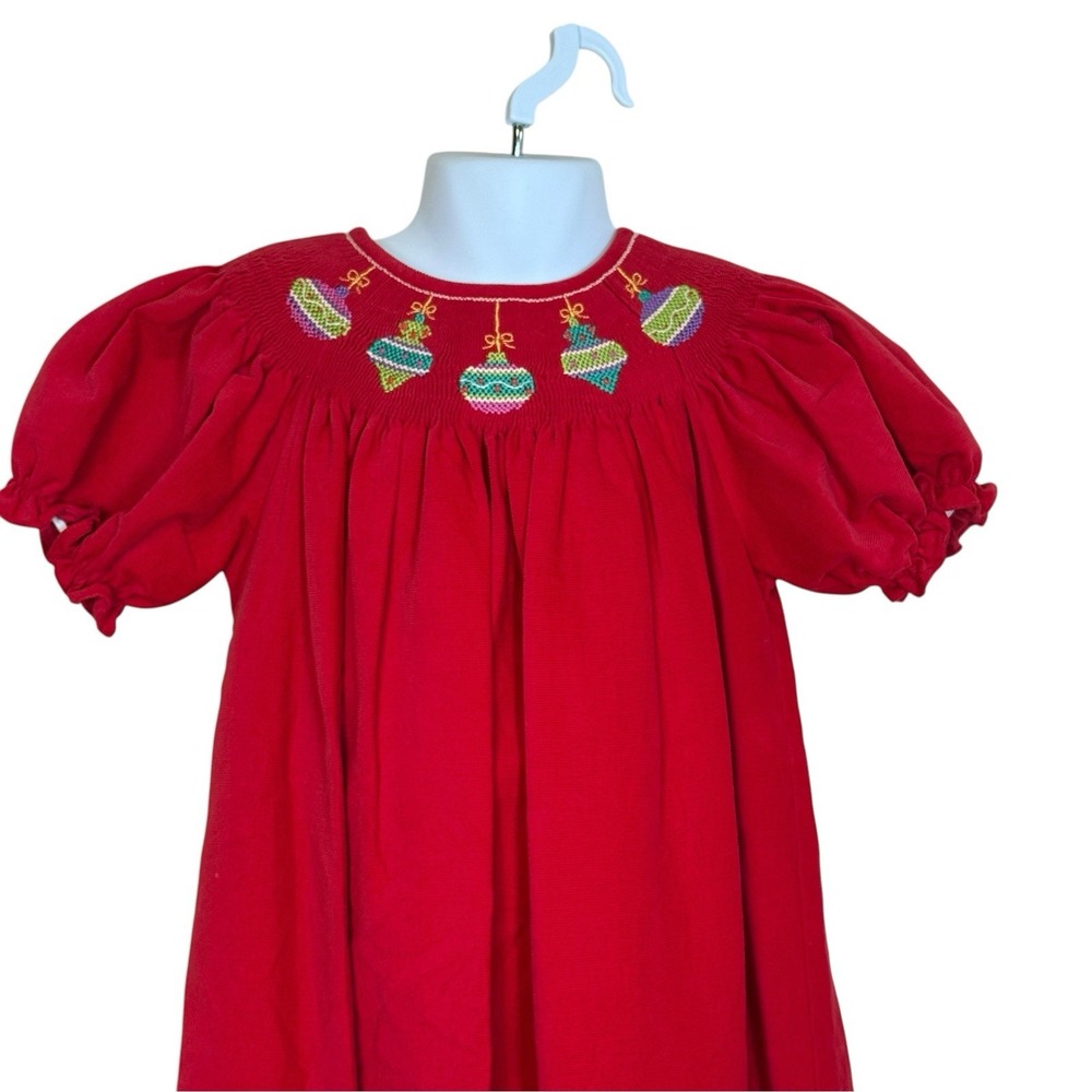 Anavini Red Corduroy Hand Smocked Dress Girls Size 6 Embroidered Christmas